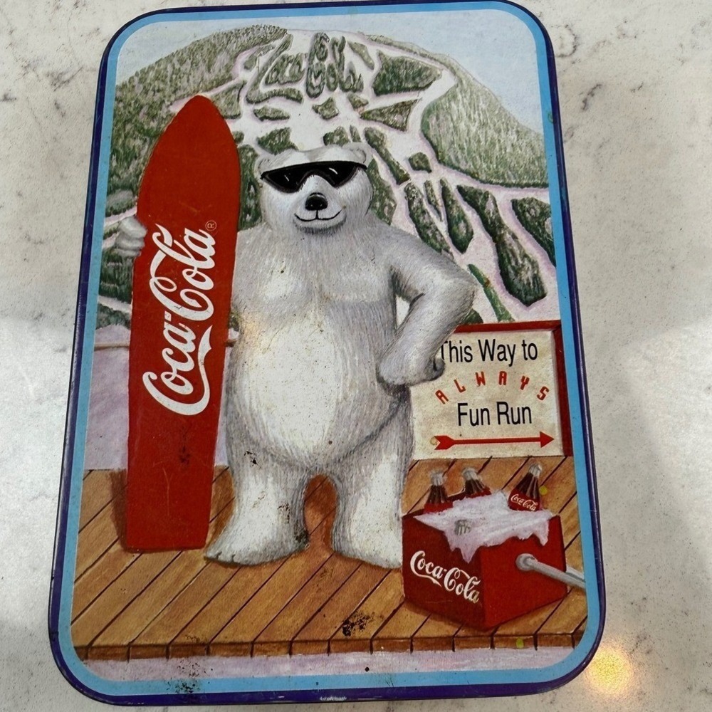Vintage 1996 Coca-Cola Polar Bear Skiing Surfboard Metal Tin Storage Box‎ 8x6x2